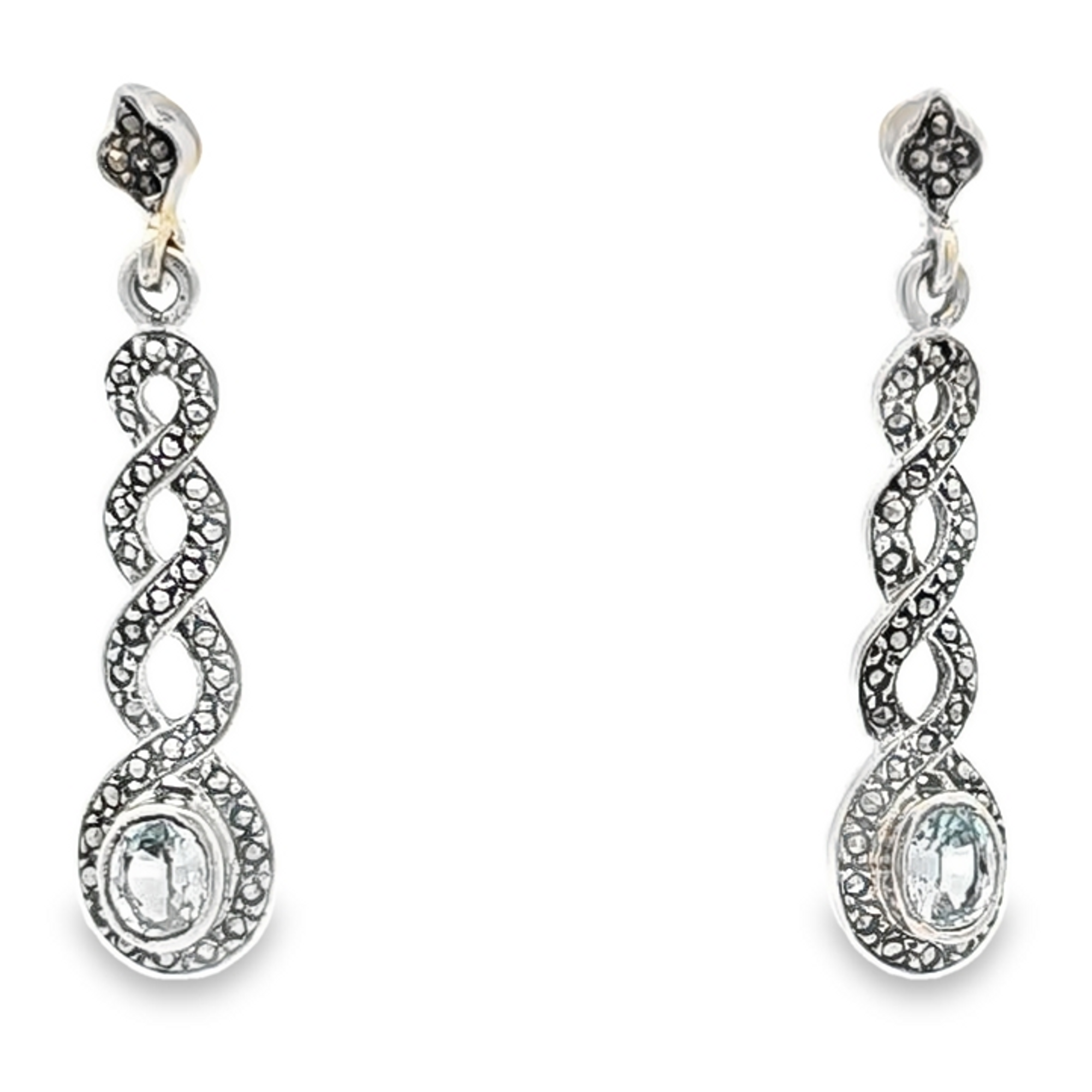 Sterling Silver Blue Topaz and Marcasite Drop Earrings 84011057| Shin Brothers** Sterling Silver Blue Topaz and Marcasite Drop Earrings 84011057| Shin Brothers**