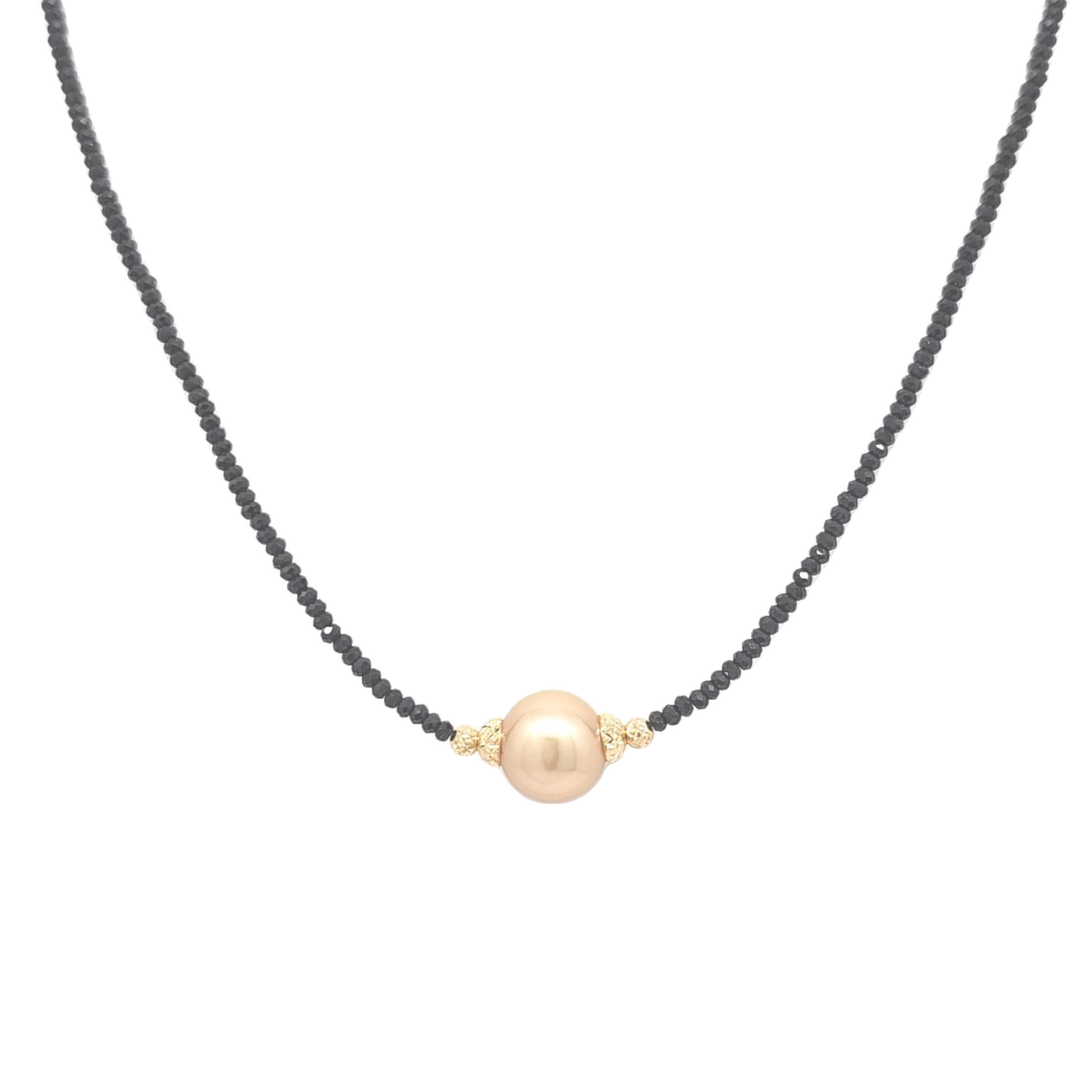 18K Yellow Gold with Gold Lock Freshwater Pearl and Black Spinel Necklace 32000805 | Shin Brothers** 18K Yellow Gold with Gold Lock Freshwater Pearl and Black Spinel Necklace 32000805 | Shin Brothers**