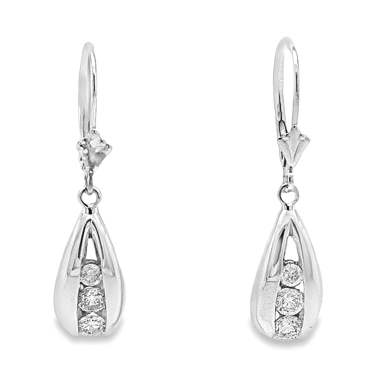 14K White Gold Three Diamond Round Lever Back Drop Earrings 41002795 | Shin Brothers** 14K White Gold Three Diamond Round Lever Back Drop Earrings 41002795 | Shin Brothers**