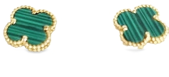 14K Yellow Gold Green Malachite  Flower Post Earrings 42003119 By Shin Brothers**