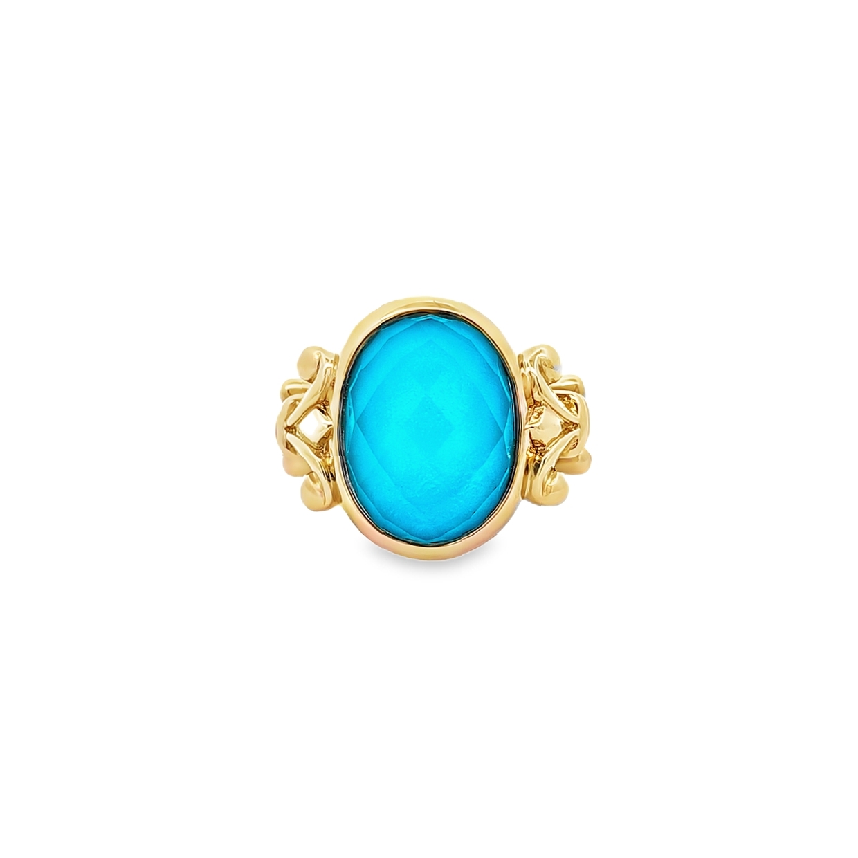 14K Yellow Gold Oval Synthetic Blue Crystal Ring 12003278 | Shin Brothers* 14K Yellow Gold Oval Synthetic Blue Crystal Ring 12003278 | Shin Brothers*