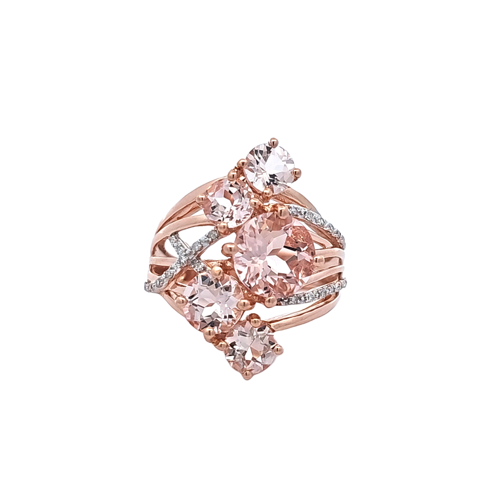 14K Rose Gold Morganite Cluster Ring with Diamond Accents 12003280 | Shin Brothers* 14K Rose Gold Morganite Cluster Ring with Diamond Accents 12003280 | Shin Brothers*