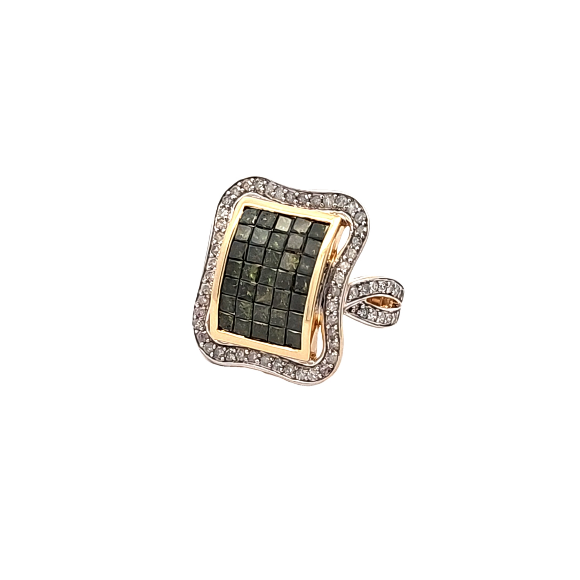 14K Yellow Gold White & Green Diamond Rectangular Ring 12003298 | Shin Brothers** 14K Yellow Gold White & Green Diamond Rectangular Ring 12003298 | Shin Brothers**