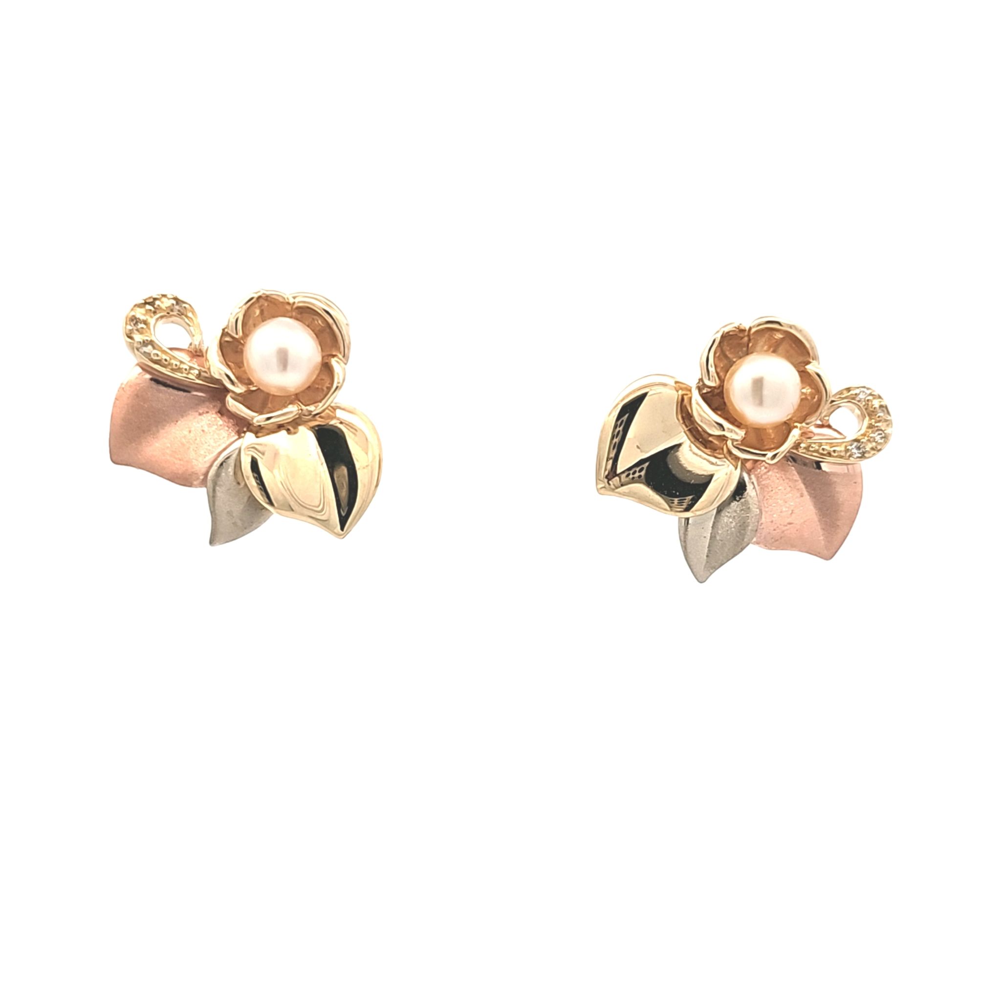 14K Tricolor Gold Pearl Flower Omega Back Earrings 42003567 | Shin Brothers**