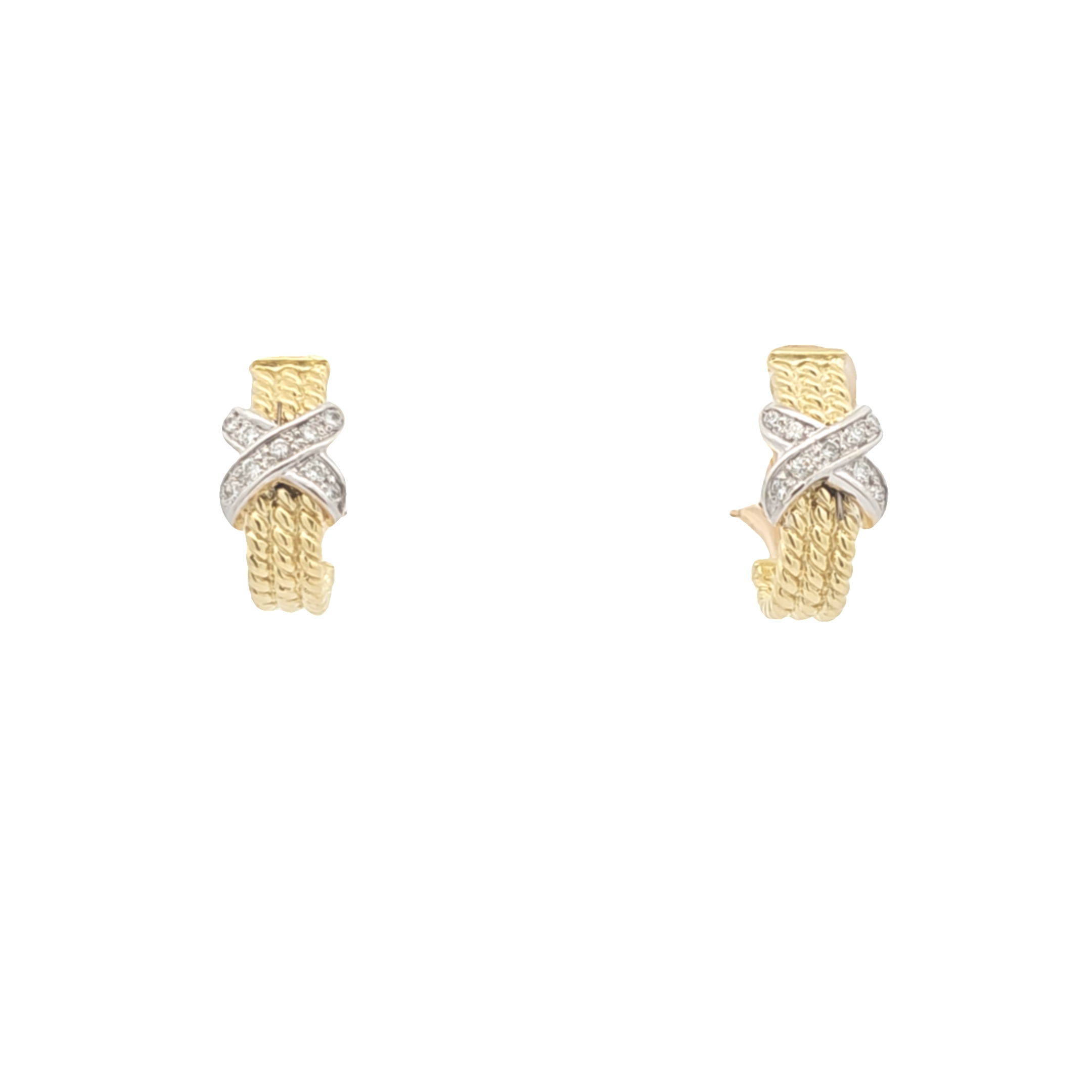 14K Two Tone Gold Diamond 'X' Design Omega Back Earrings 41002861 | Shin Brothers*
