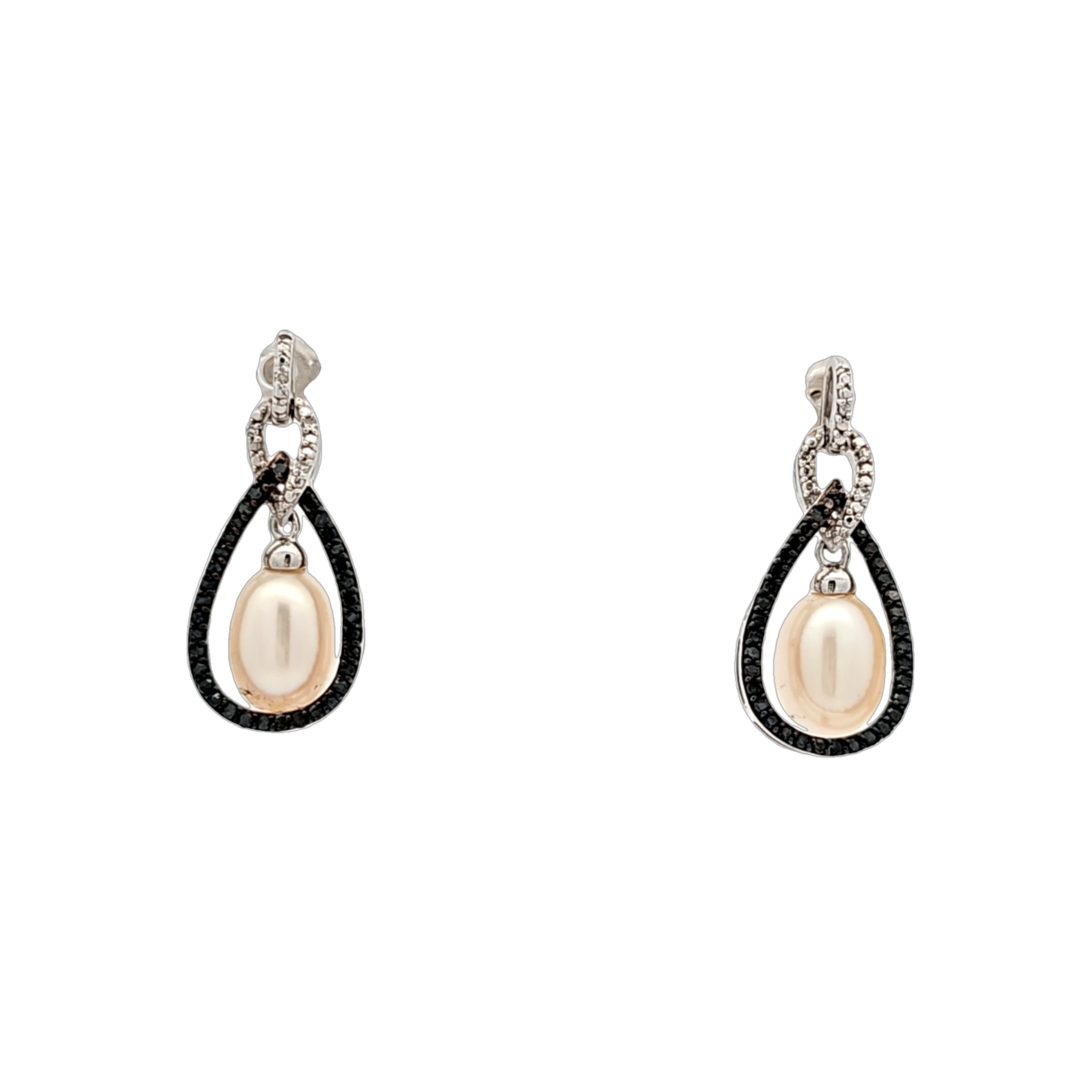 14K White Gold Pearl and Black & White Diamond Hanging Teardrop Earrings 42003584 | Shin Brothers*