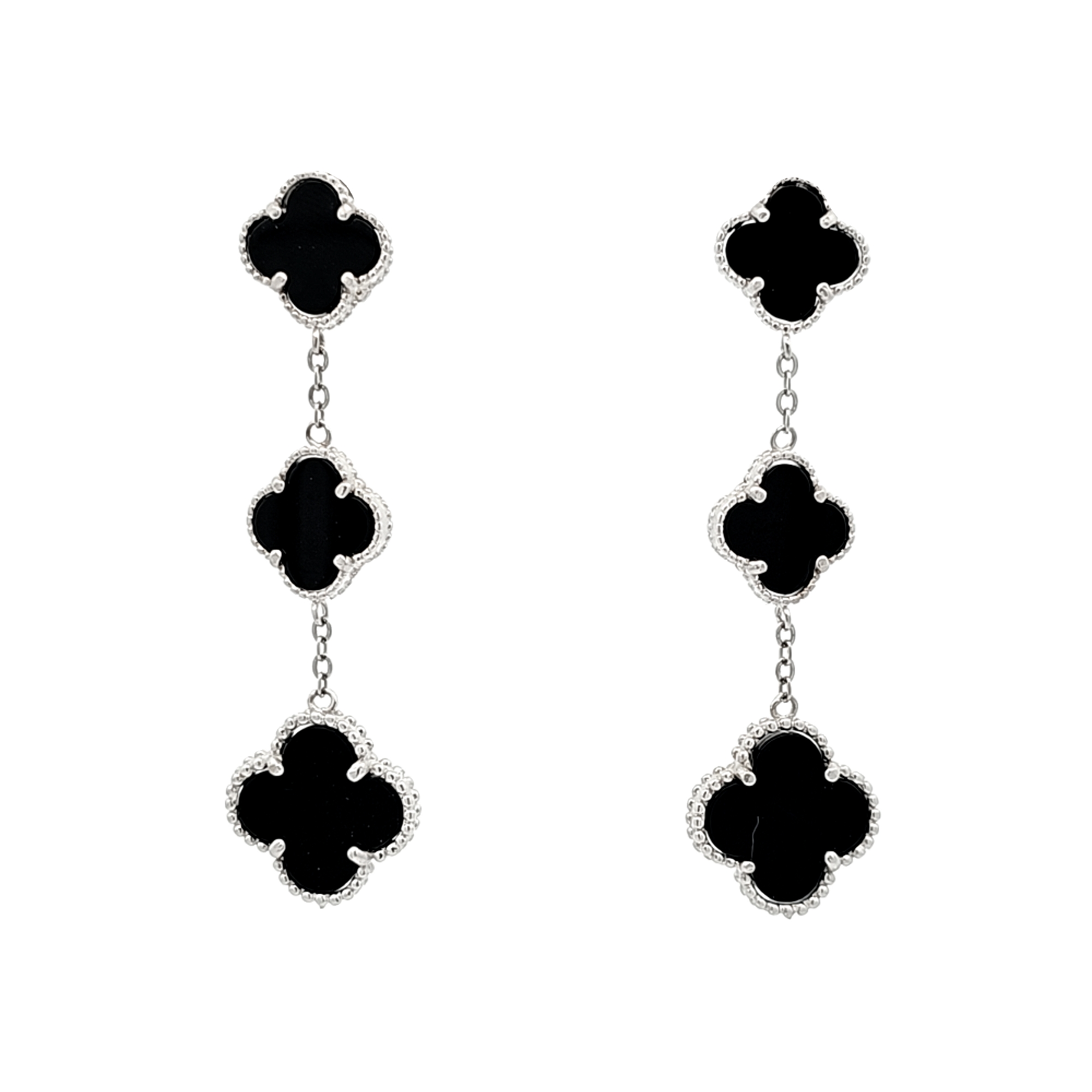 Sterling Silver Onyx Clover Push Back Drop Earrings | Shin Brothers Jewelers Inc.