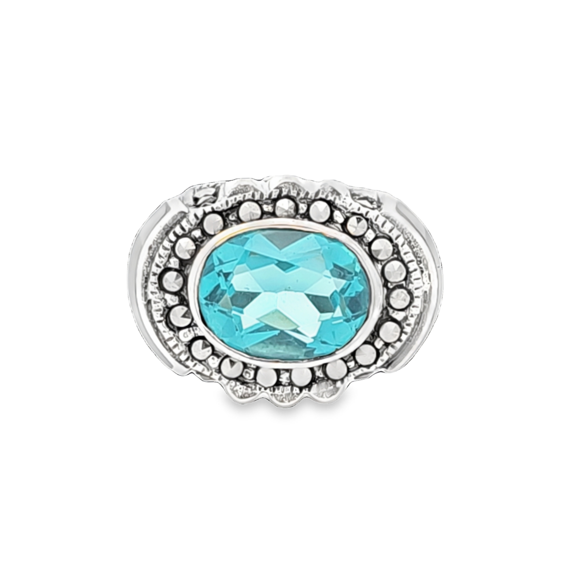 Sterling Silver Blue Topaz and Marcasite Ring | Shin Brothers Jewelers Inc. Sterling Silver Blue Topaz and Marcasite Ring | Shin Brothers Jewelers Inc.