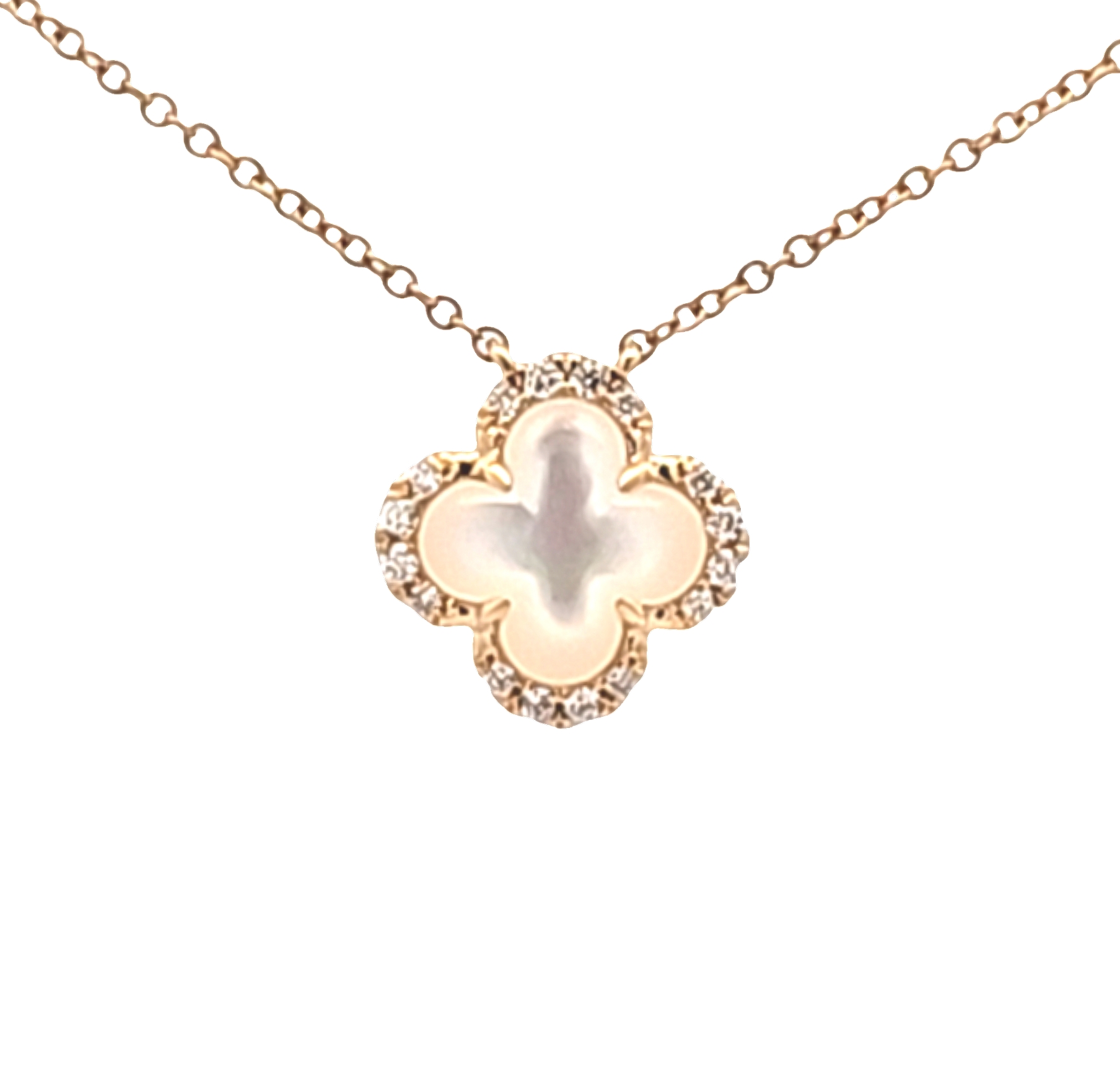 14K Yellow Gold Diamond Mother Of Pearl Clover Adjustable 18" Necklace | Shin Brothers Jewelers Inc.