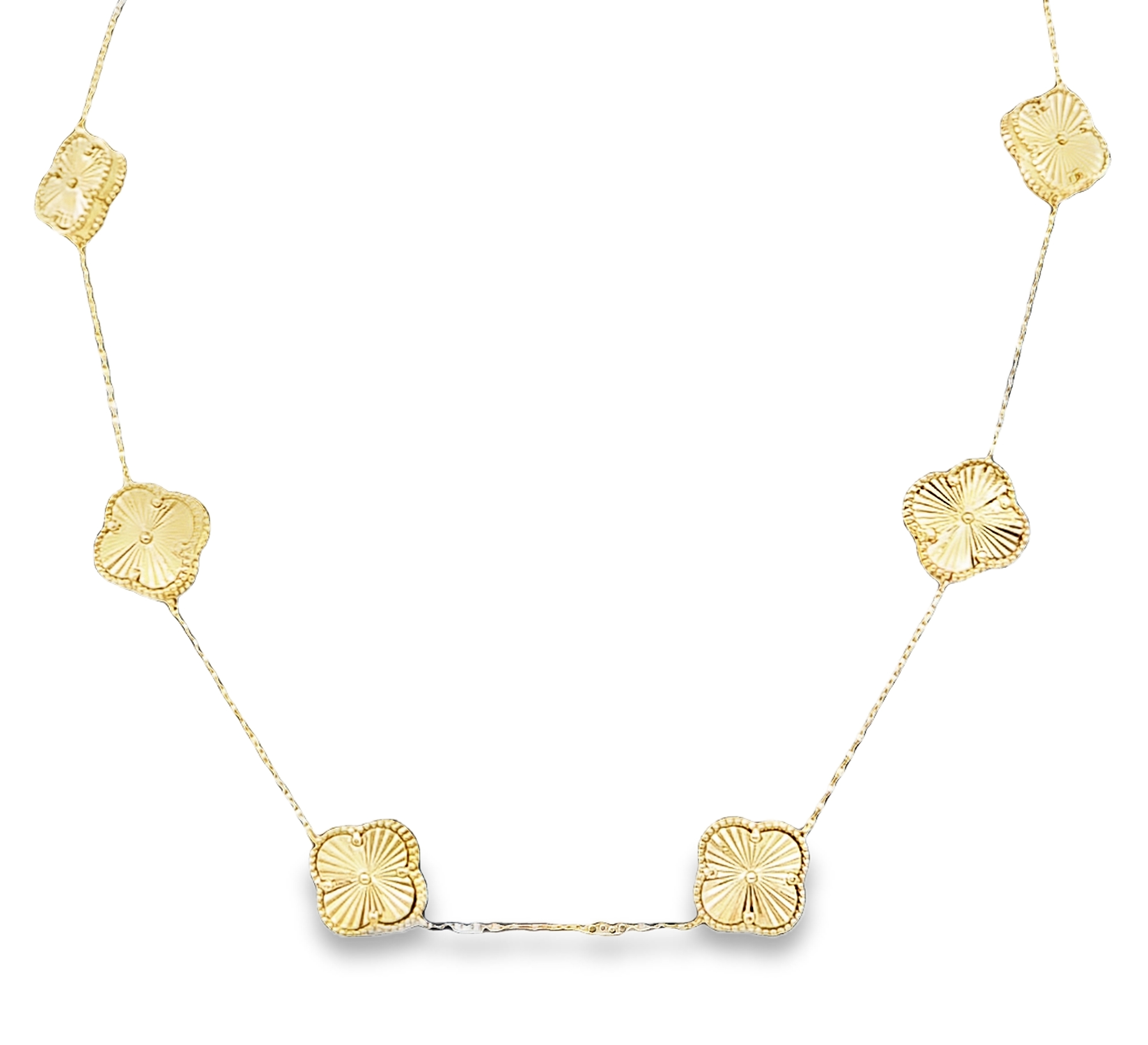 14K Yellow Gold Diamond-Cut 7 Clover Necklace | Shin Brothers Jewelers Inc. 14K Yellow Gold Diamond-Cut 7 Clover Necklace | Shin Brothers Jewelers Inc.