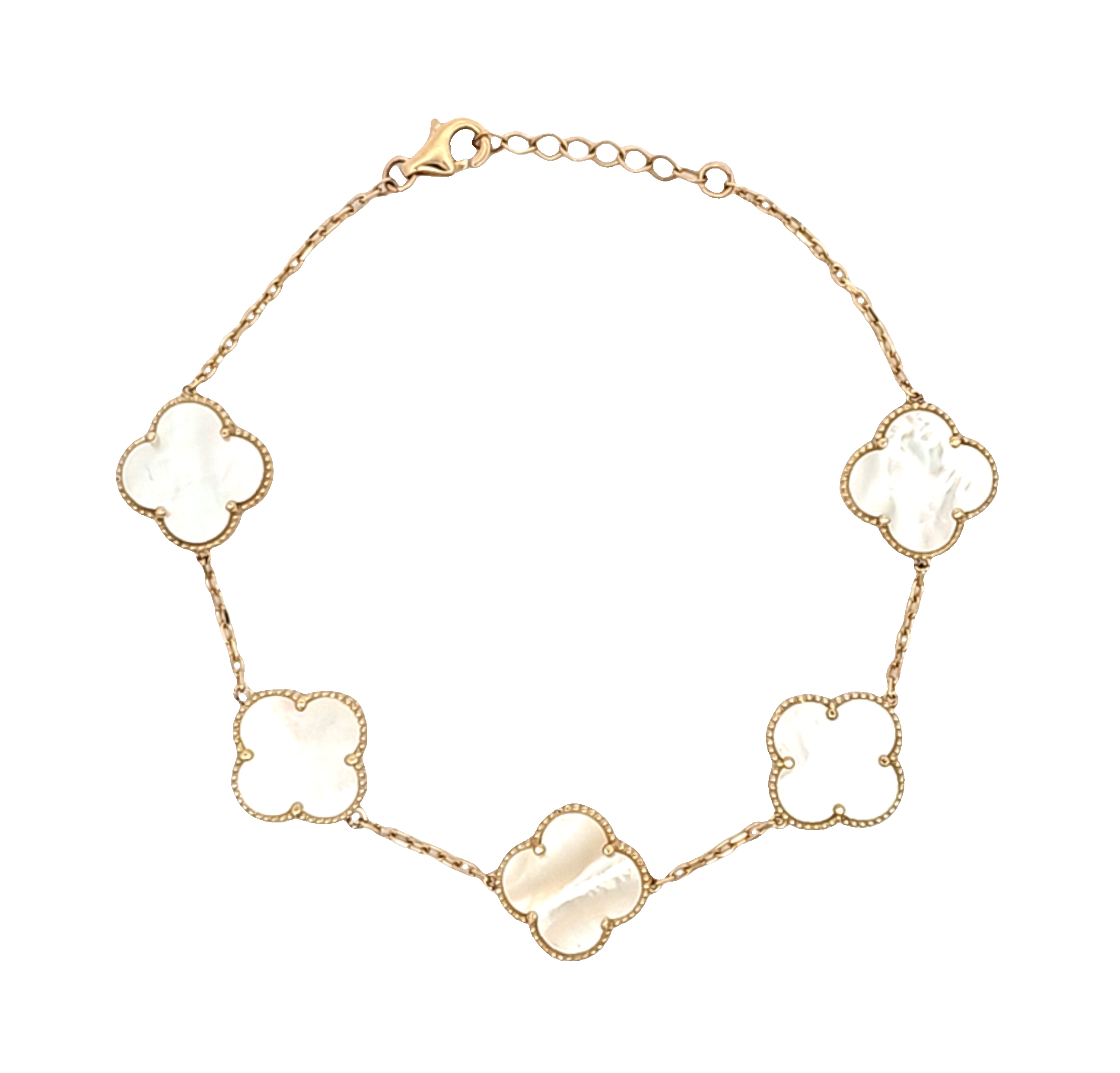 14K Yellow Gold Mother of Pearl 8" Clover Bracelet | Shin Brothers Jewelers Inc. 14K Yellow Gold Mother of Pearl 8" Clover Bracelet | Shin Brothers Jewelers Inc.