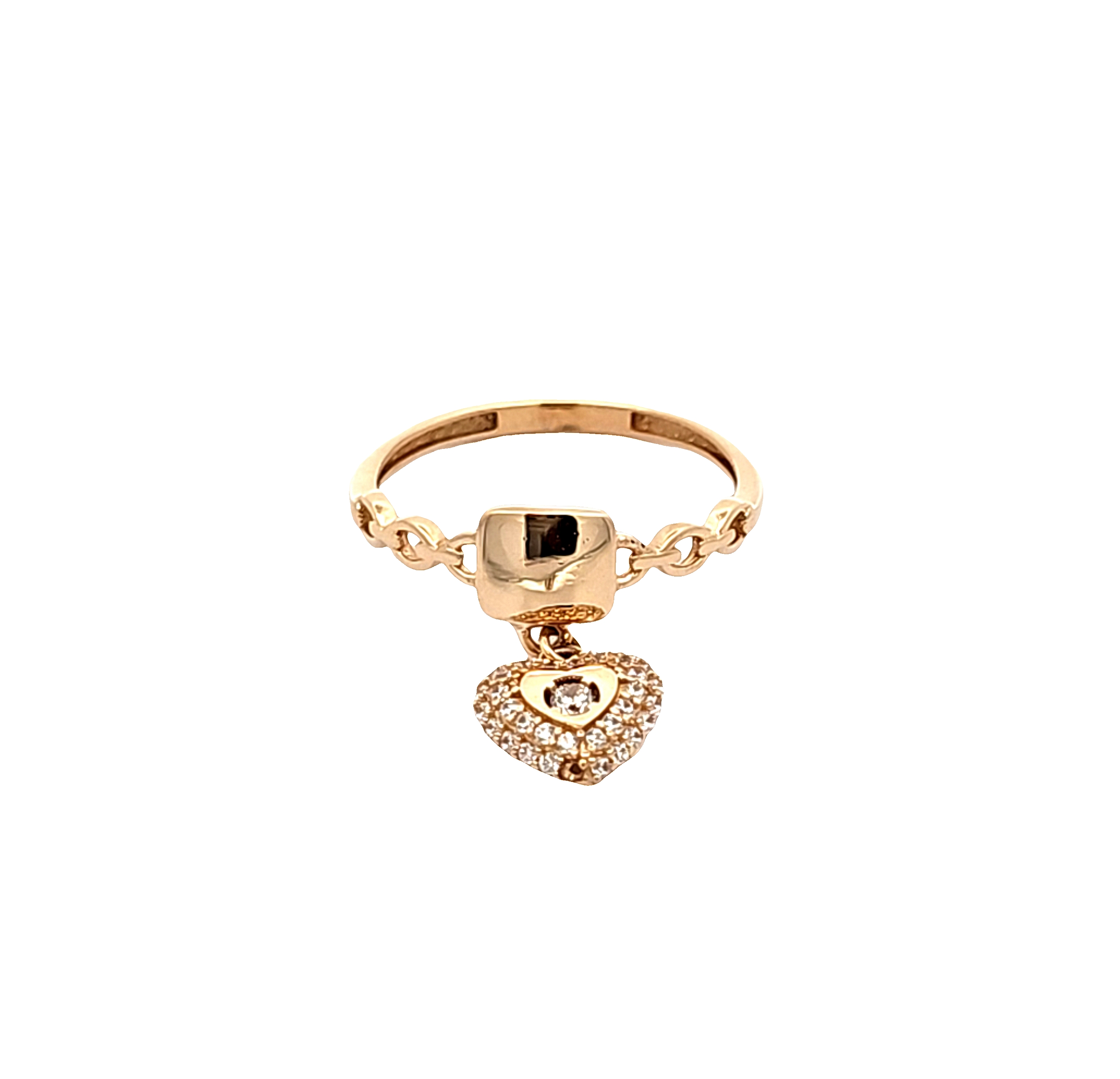 14k Yellow Gold Hanging Cubic Zirconia Heart Ring  | Shin Brothers