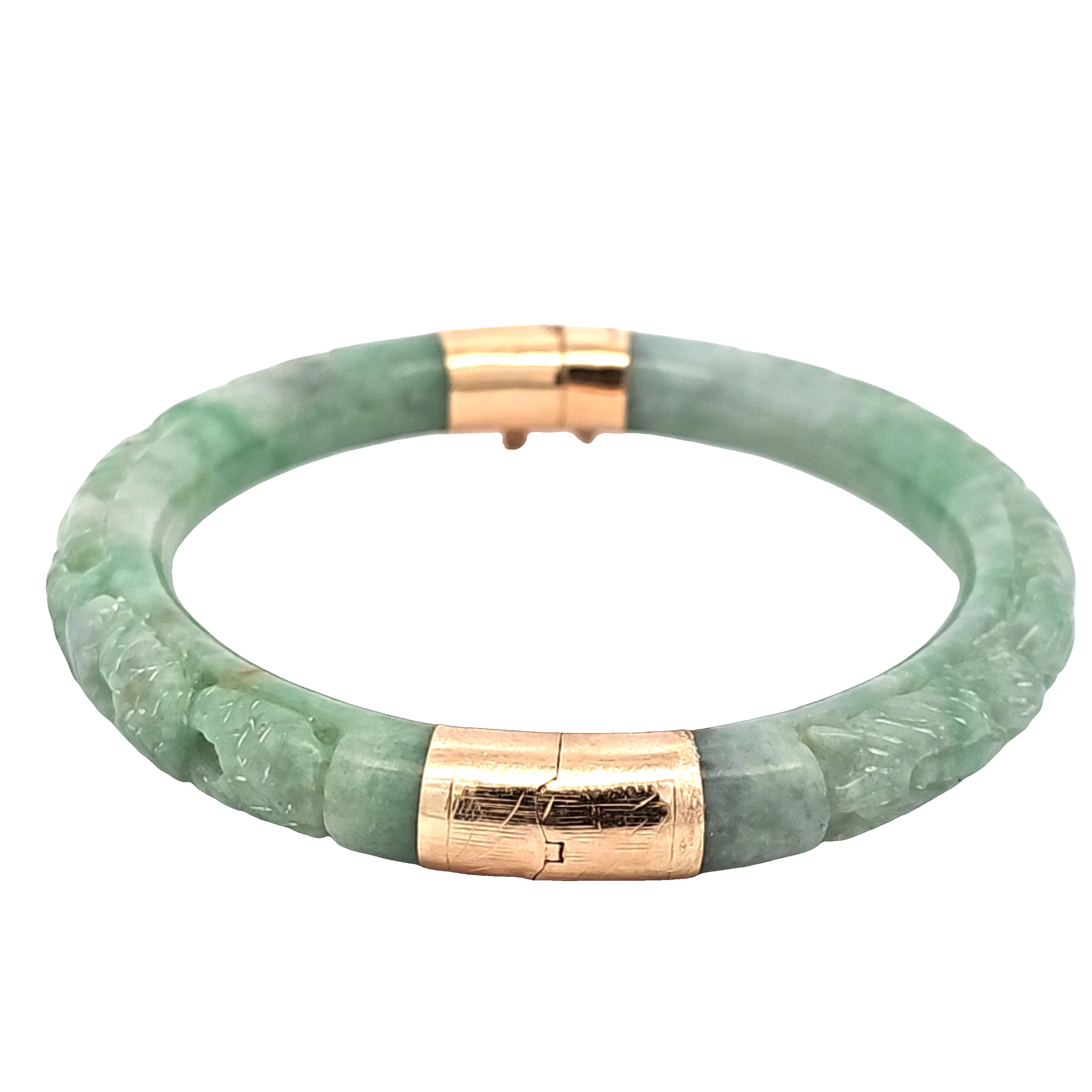 14K Yellow Gold Carved Jade Bangle 23000259 | Shin Brothers