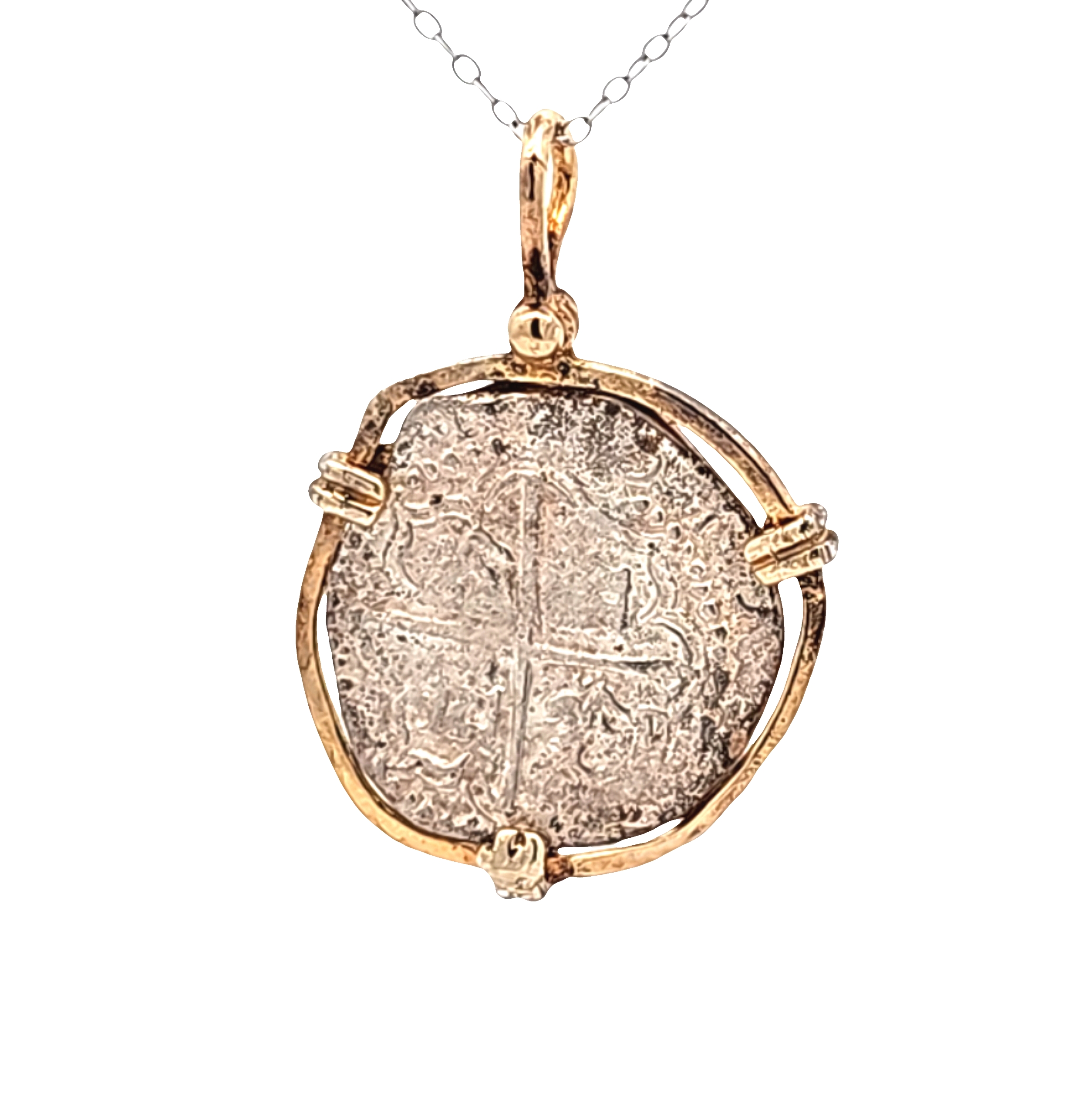 10K White Gold Coin Holder Charm with Nuestra Señora de Atocha Silver Coin | Shin Brothers Jewelers Inc.