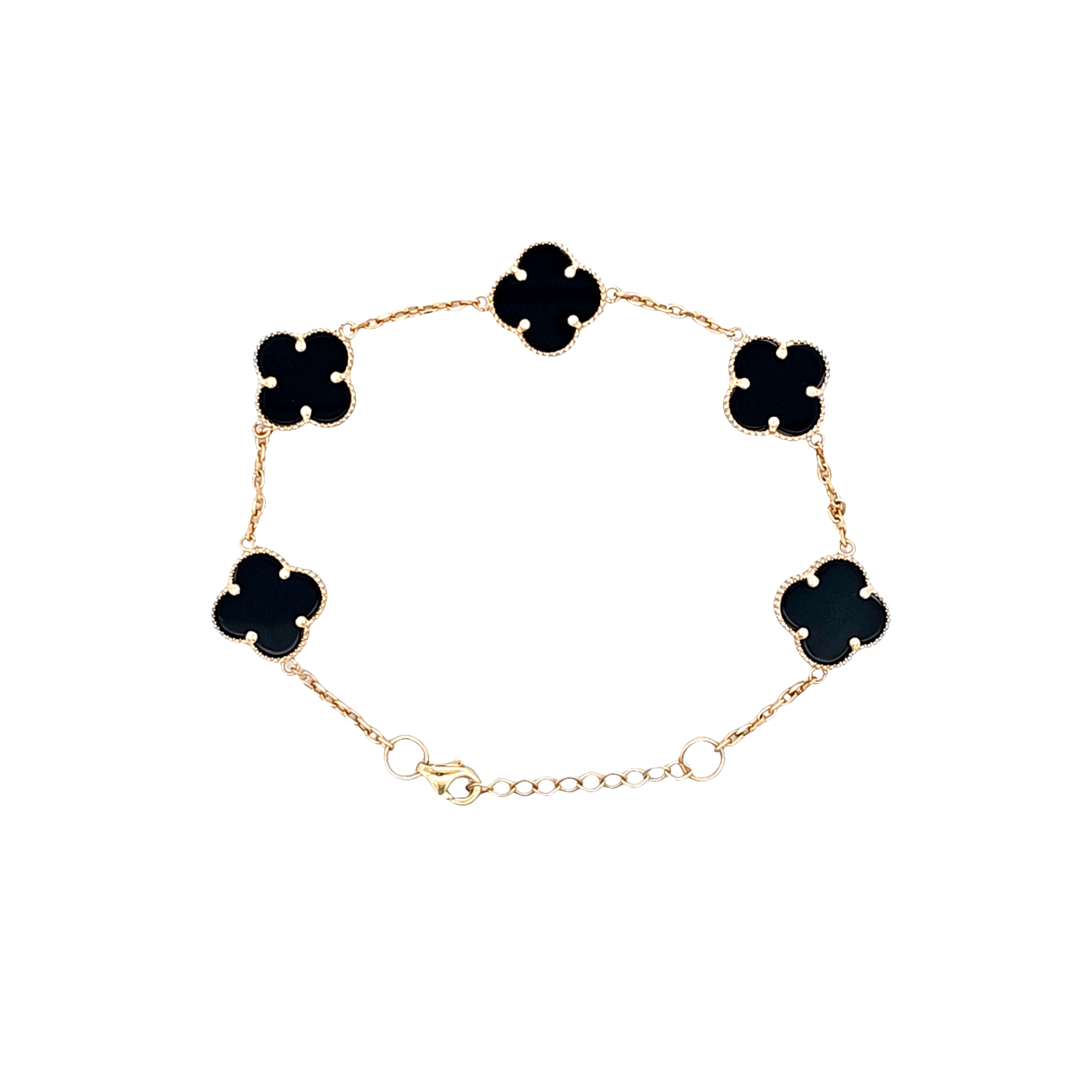14K Yellow Gold 7-8" Onyx Clover Bracelet | Shin Brothers Jewelers Inc.