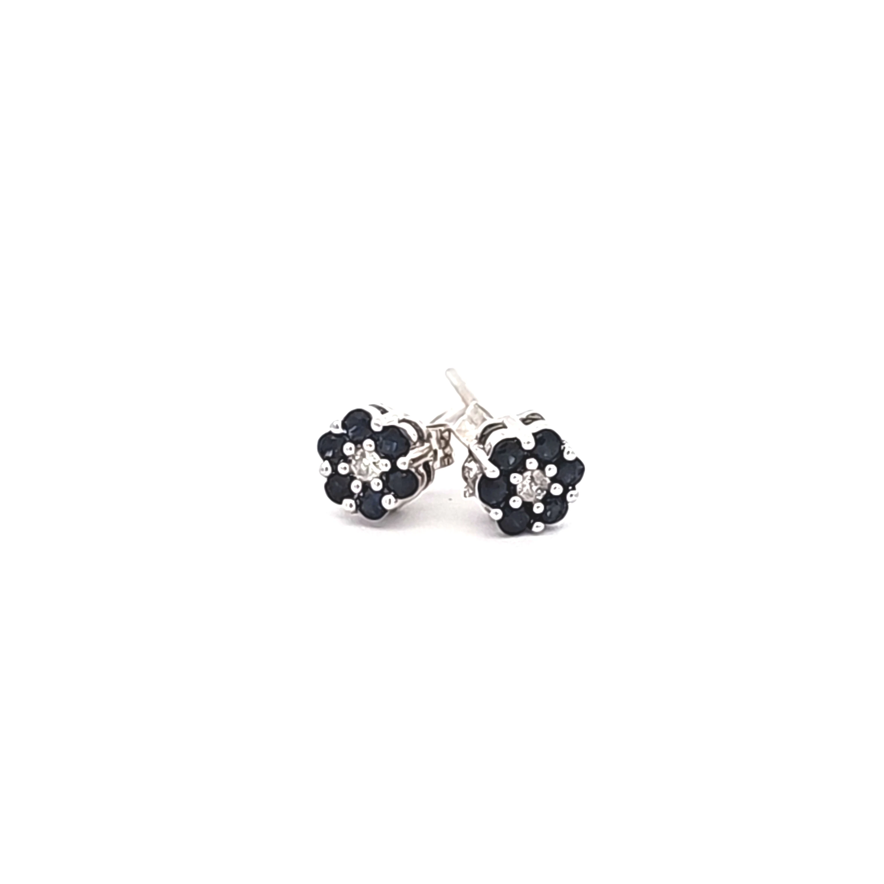 14K White Gold Diamond and Sapphire Flower Stud Earrings 42003639 | Shin Brothers*
