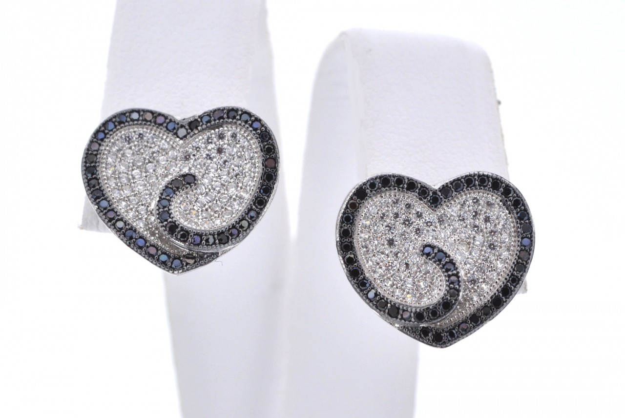 Silver Heart Earrings Black & White Cubic Zirconia Earrings Silver Heart Earrings Black & White Cubic Zirconia Earrings