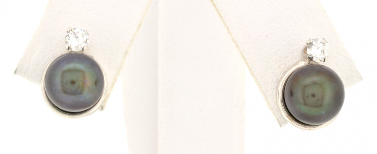 42000996 14K White Gold CZ/Black Pearl Earrings