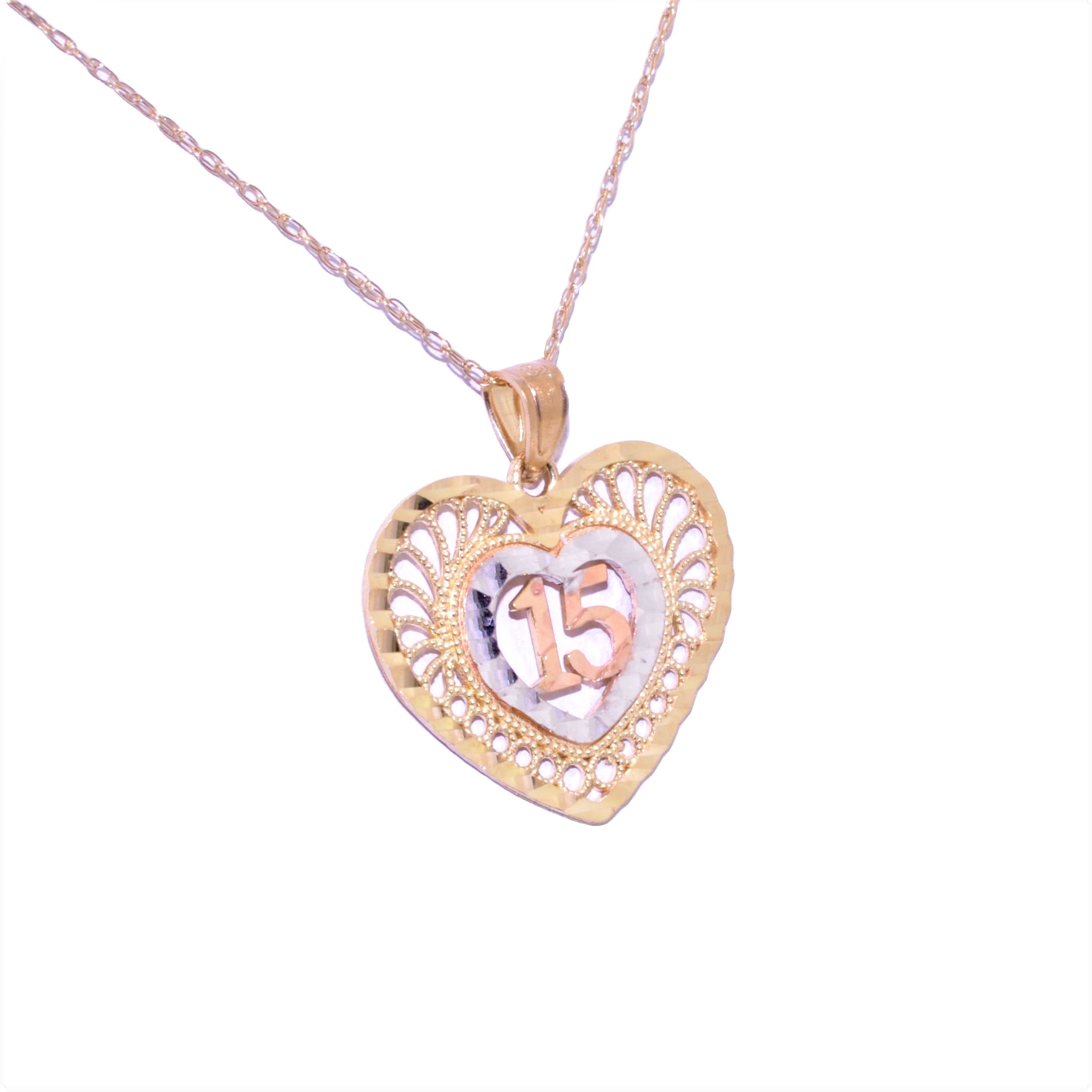 14K Tricolor Gold Quinceañera "15" Heart Charm 50002079 | Shin Brothers* 14K Tricolor Gold Quinceañera "15" Heart Charm 50002079 | Shin Brothers*