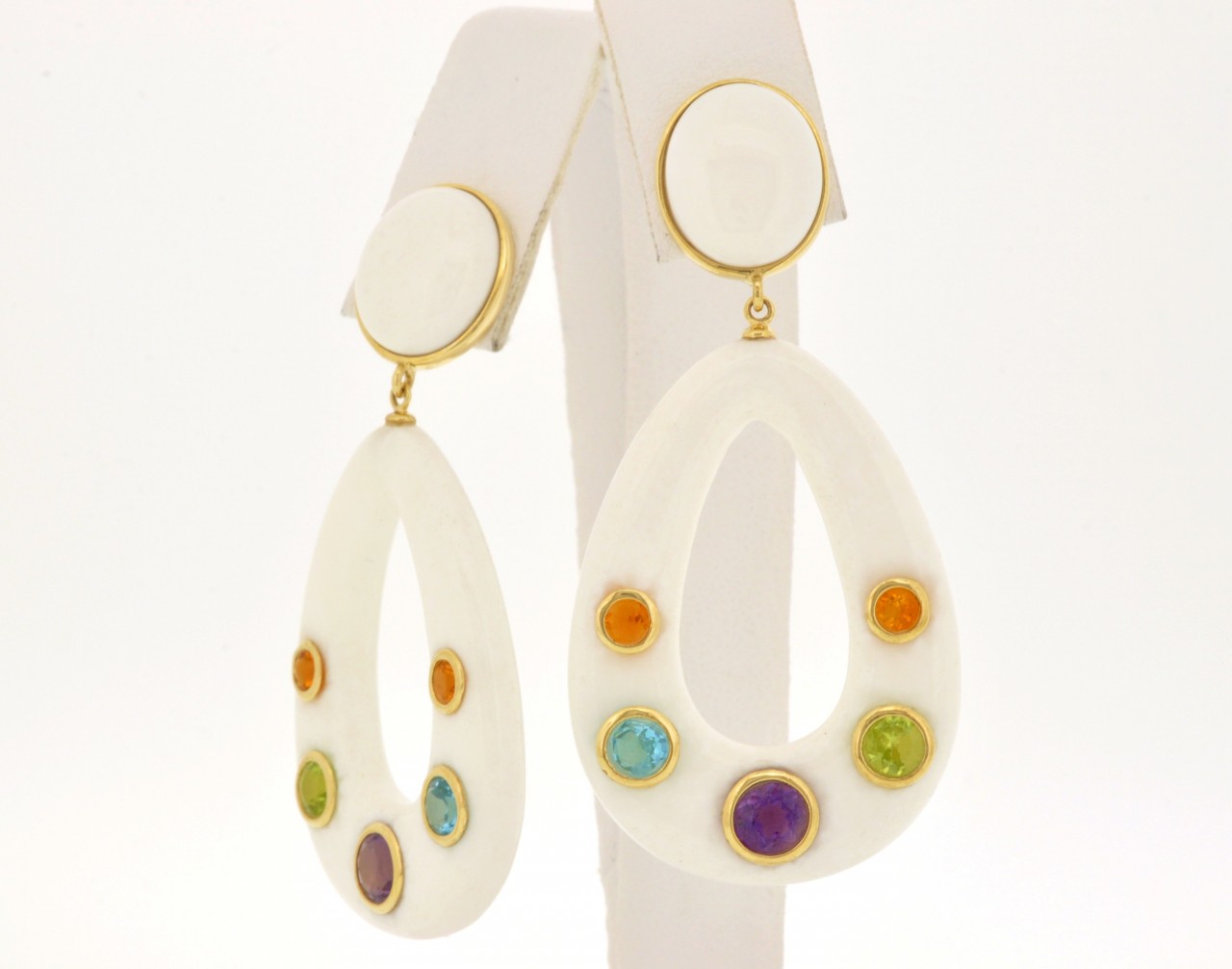 14K Yellow Gold White Onyx Drop Earrings with Multicolor Gemstones 42001585 | Shin Brothers*