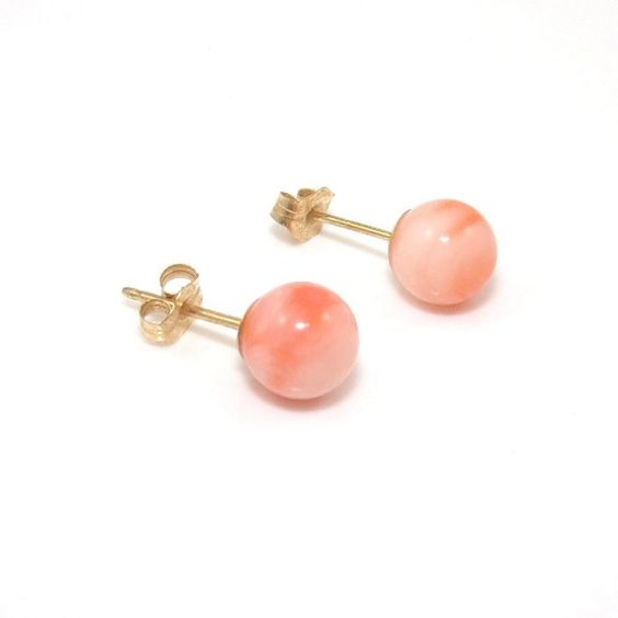 14K Yellow Gold Pink Coral Ball Stud Earrings 42001691 | Shin Brothers*