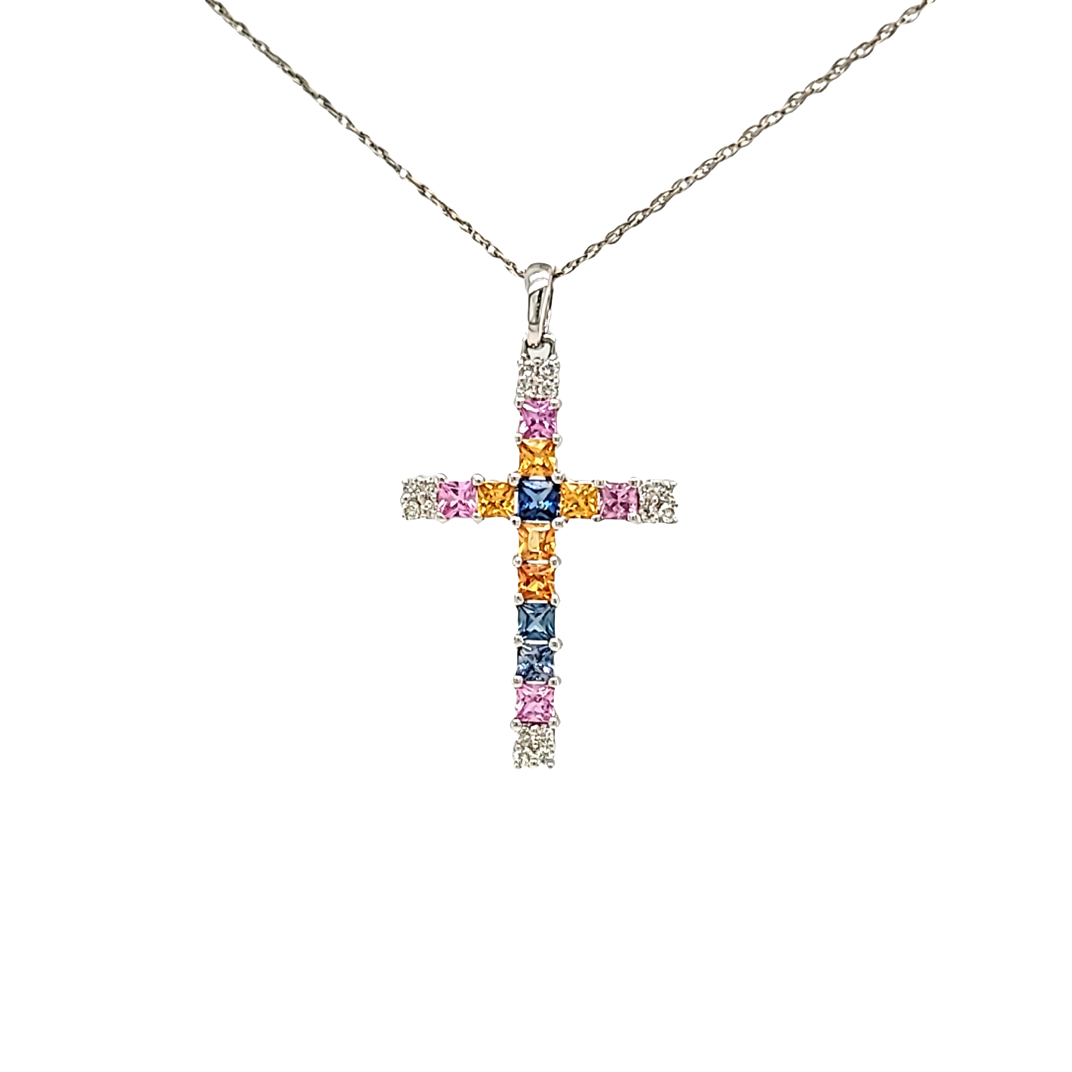 51000624 18K White Gold Multicolored Gemstone/Diamond Cross Pendant