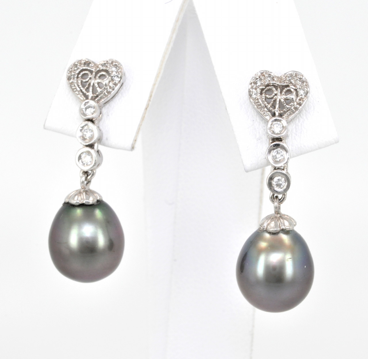 14K White Gold Diamond Hearts and Dangling Black Pearl Earrings 42000004 | Shin Brothers*