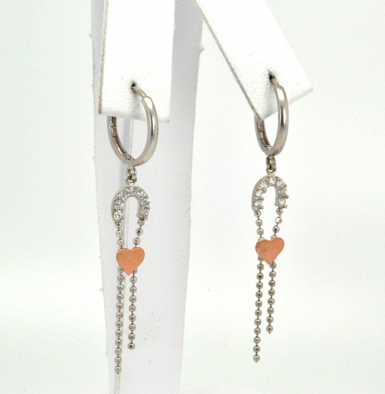 14K Two Tone Gold Hanging Heart Cz Huggies Earrings  | Shin Brothers*  40001809 