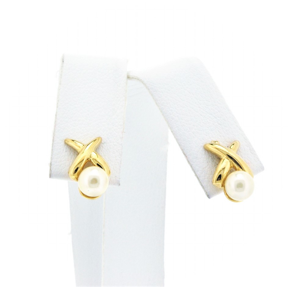 14K Yellow Gold Pearl Stud Earrings with "X" Design 42002023 By Shin Brothers* 