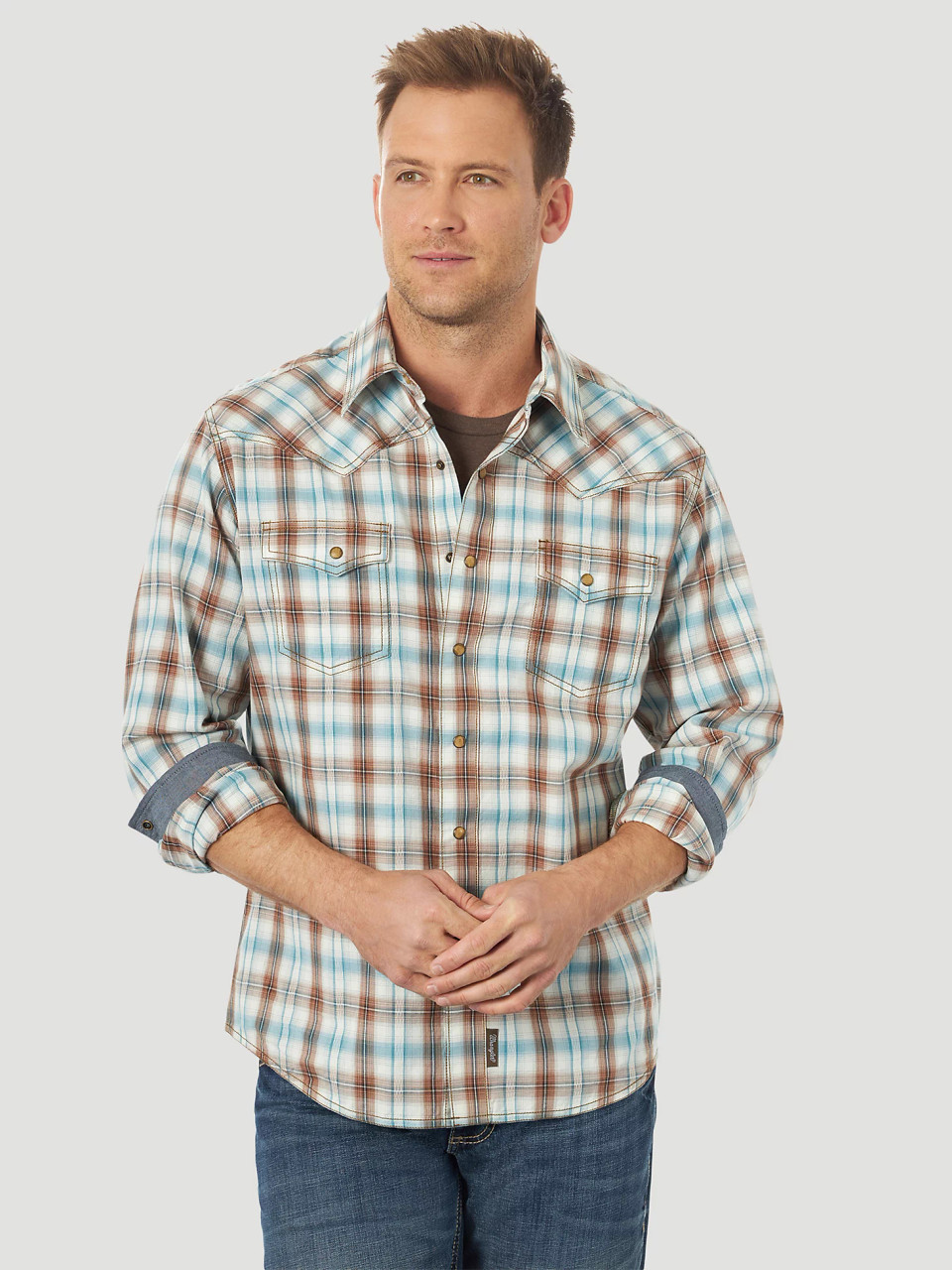 Wrangler Men's Retro Premium Long Sleeve Shirt - Brown/Teal