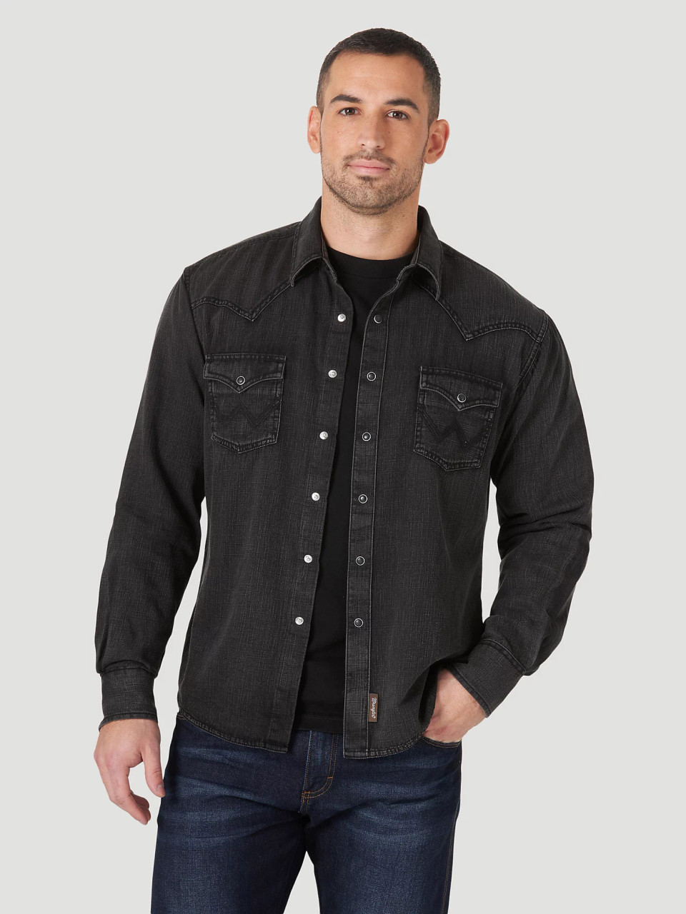 Wrangler Men's Retro Long Sleeve Denim Western Shirt - Black Denim - Chaar