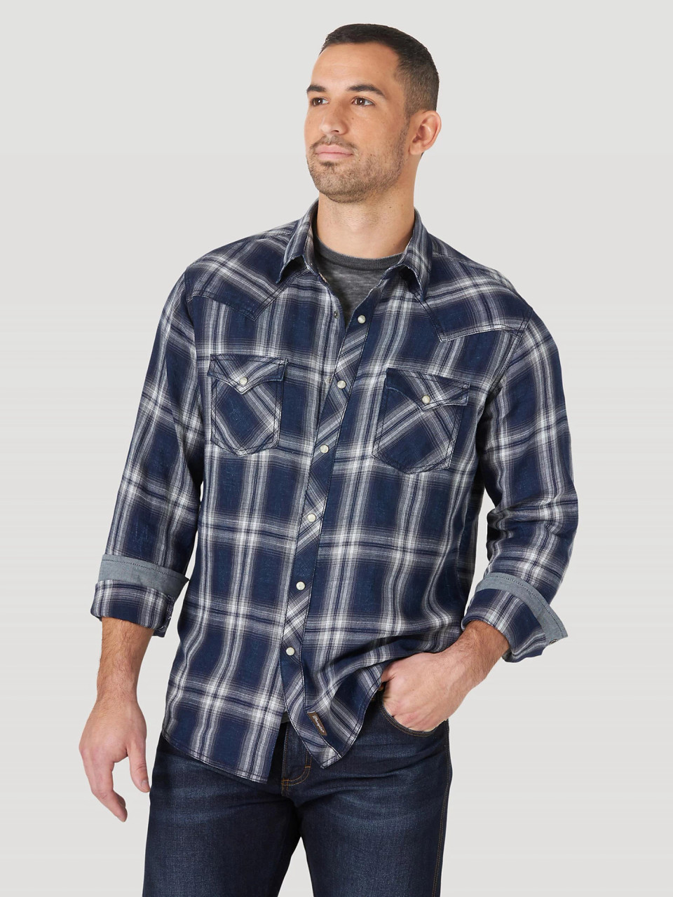 Wrangler Men's Retro Long Sleeve Western Snap Indigo Plaid Shirt -  Blue/White