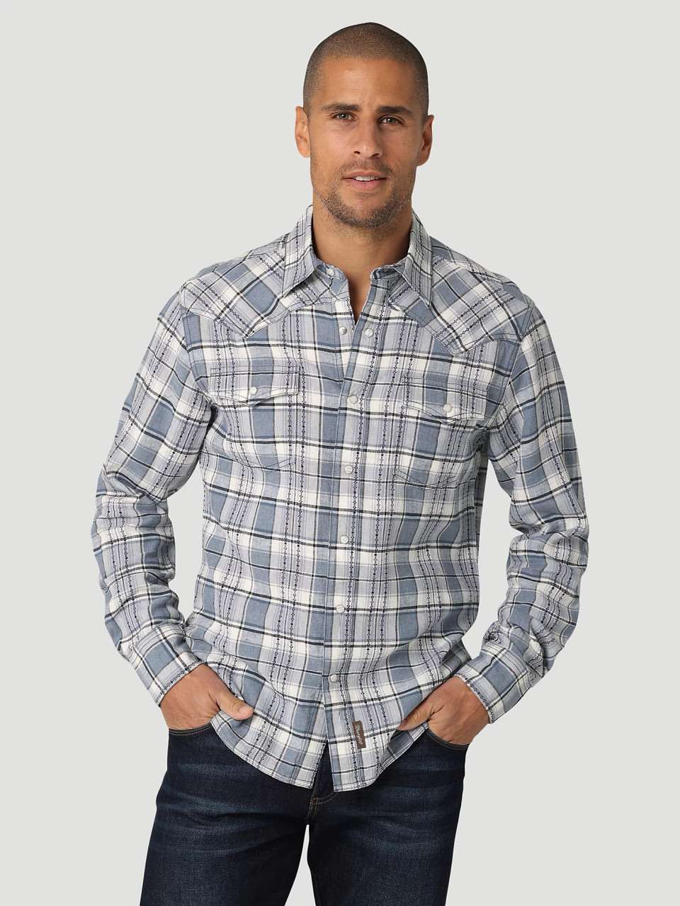 Wrangler Men's Retro Premium Long Sleeve Linen Western Snap Shirt - Blue  Plaid