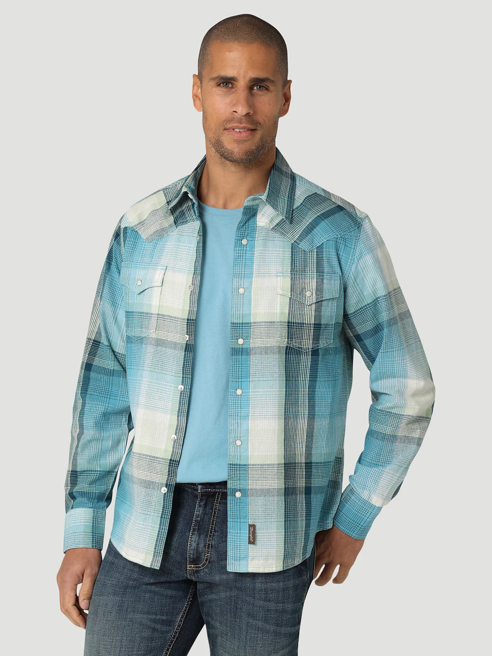 Wrangler Men's Premium Long Sleeve Western Snap Plaid Shirt - Blue Light