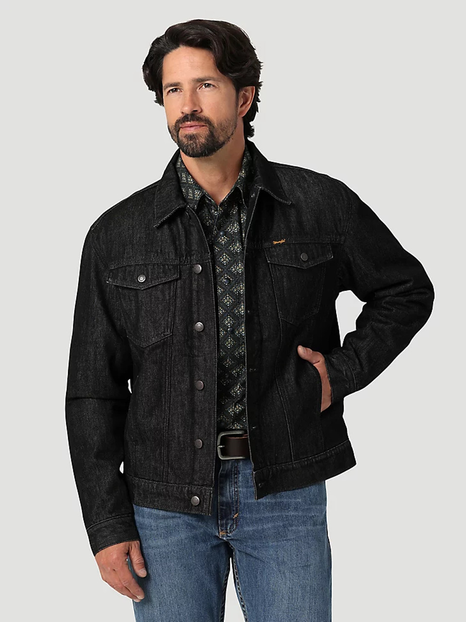 Wrangler Men's Cowboy Cut Sherpa Lined Black Denim Jacket - Chaar