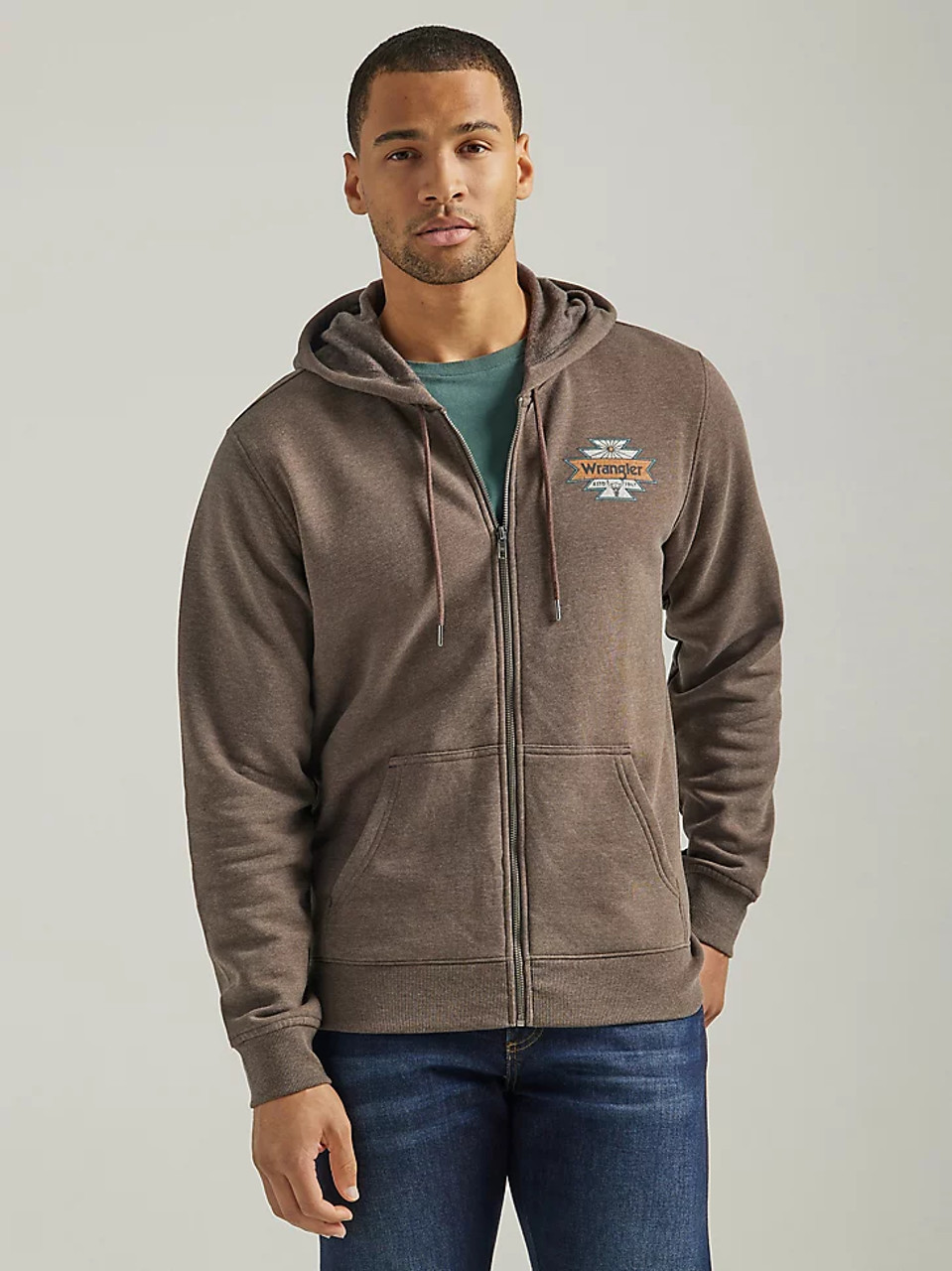 Wrangler Men's Graphic Logo Full Zip Hoodie - Brown Heather