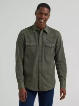 Wrangler Men's Colorwash Denim Western Snap Shirt - Olive Denim