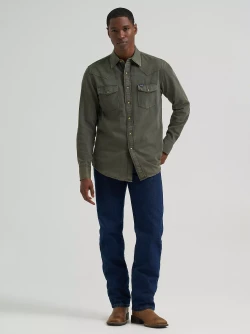 Wrangler Men's Colorwash Denim Western Snap Shirt - Olive Denim