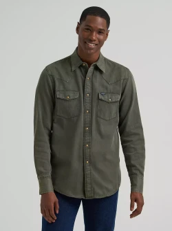 Wrangler Men's Colorwash Denim Western Snap Shirt - Olive Denim