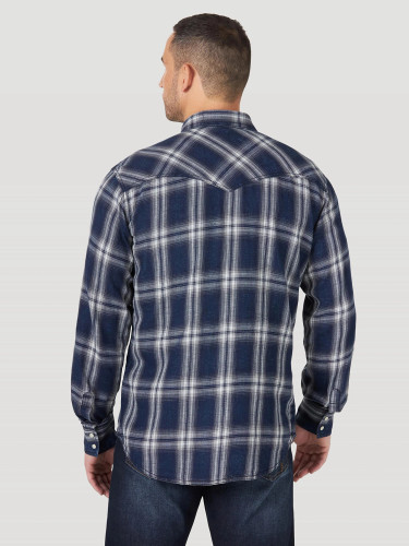 Men's PBR® Logo Long Sleeve Plaid Western Snap Shirt in Navy Blue