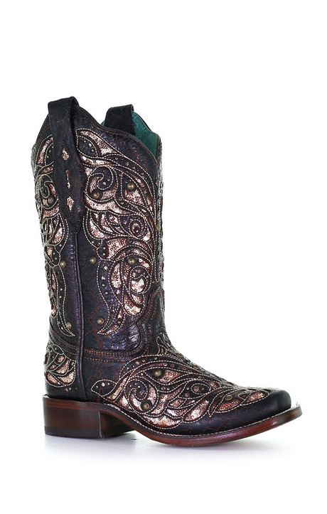 Corral Women's Black and Honey Inlay, Embroidery, and Studs Square Toe