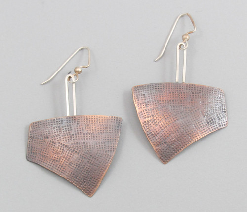 Dropped Geometric Bronze and Sterling Silver Earrings with Hand Stamped Texture