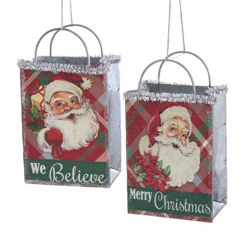 Kurt Adler Plaid Shopping Bag with Santa Head