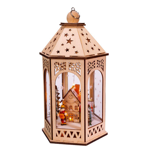 Kurt Adler 11.5" Light-Up Wooden Lantern with Village Scene