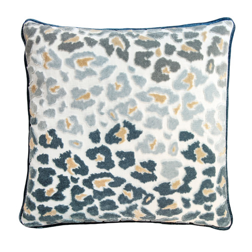 Valentine Lyon Leopard Embroidered Decorative Pillow silk velvet cording 16 x 16"- Slate