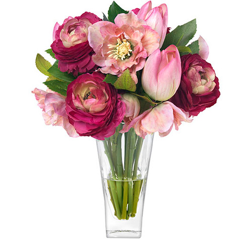 Diane James Ready to Party Ranunculus, Tulips and Hellebores; glass vase- D: 8" H:12.5"