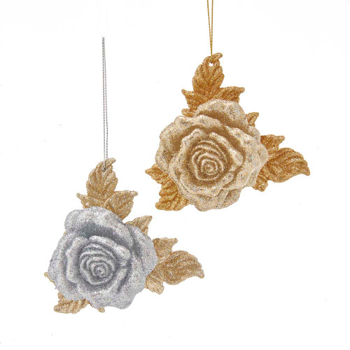 Kurt Adler Plastic Gold/Silver Glitter Rose Ornament