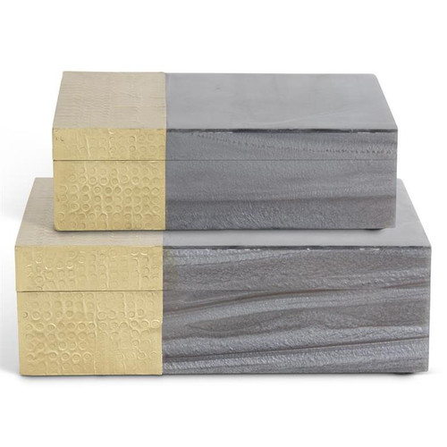 K & K Interiors Gray Marbled Resin & Textured Brass Nesting Boxes- H:3" W:9" D:6"