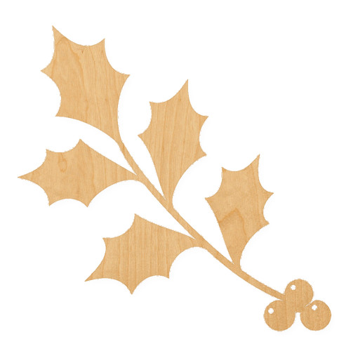 Holly Branch Wood Cutout for Crafts, Unfinished Baltic Birch Craft Shape