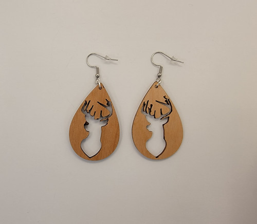 Buck Teardrop Laser Cut Alder Wood Earrings, Hook Style, Satin Finish